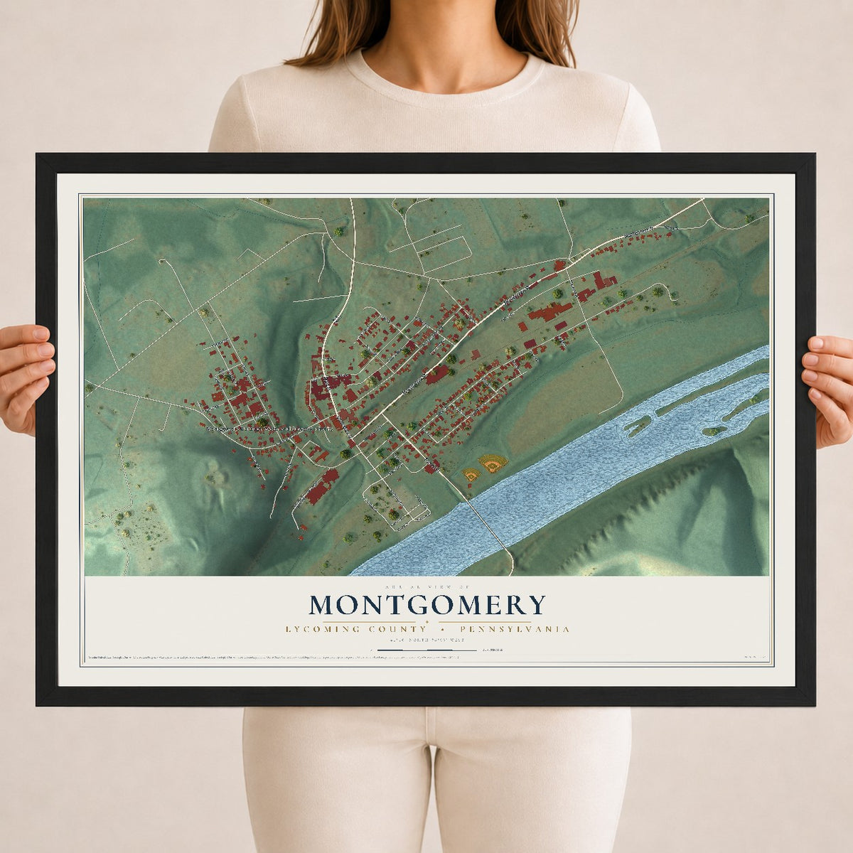 Map of Montgomery, Lycoming County, Pennsylvania, 18 x 24 inch print in a black wood frame