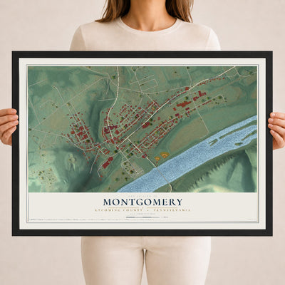 Map of Montgomery, Lycoming County, Pennsylvania, 18 x 24 inch print in a black wood frame
