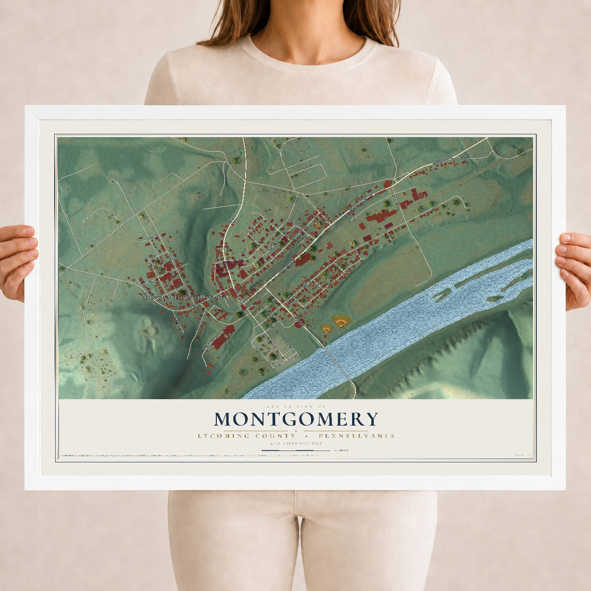 Map of Montgomery, Lycoming County, Pennsylvania, 18 x 24 inch print in a white wood frame