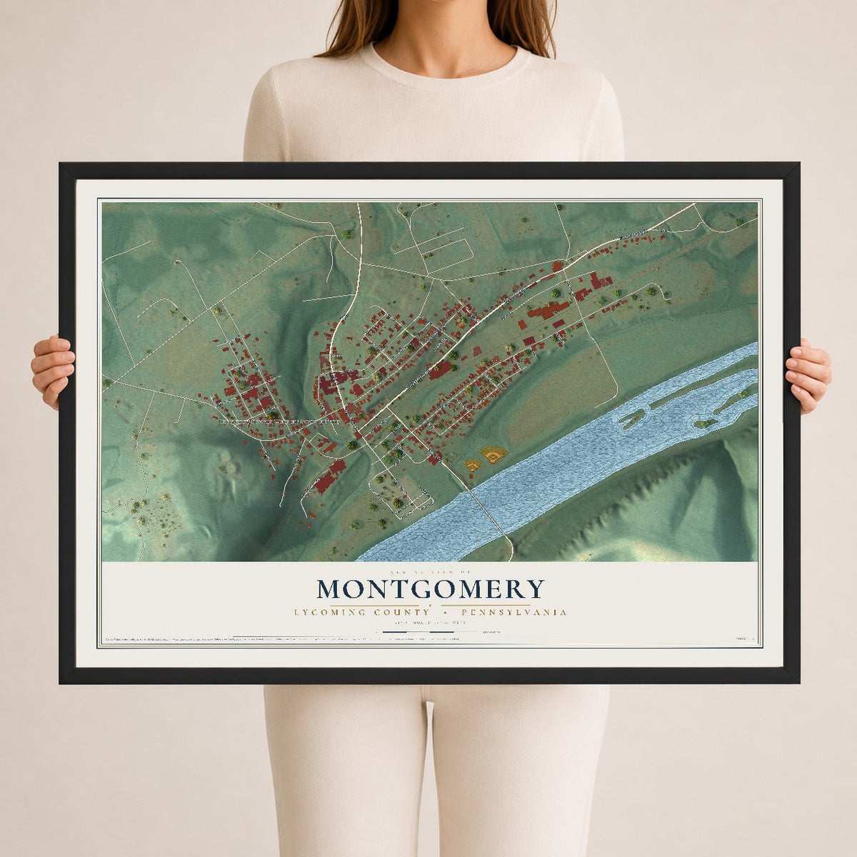 Map of Montgomery, Lycoming County, Pennsylvania, 24 x 36 inch print in a black wood frame