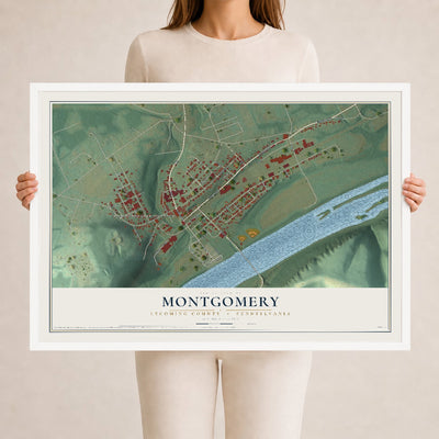 Map of Montgomery, Lycoming County, Pennsylvania, 24 x 36 inch print in a white wood frame