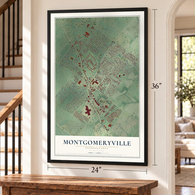 Montgomeryville, Pennsylvania map, 24 x 36 inch print in a black frame by a staircase