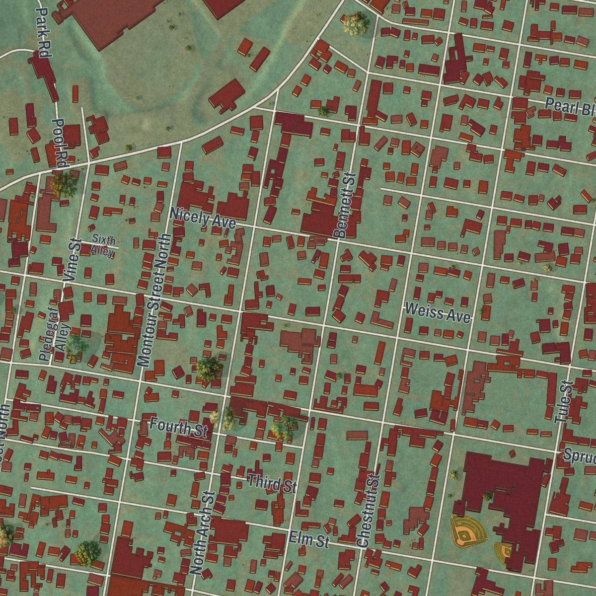 Close-up of the map of Montoursville, Pennsylvania print showing street and building detail