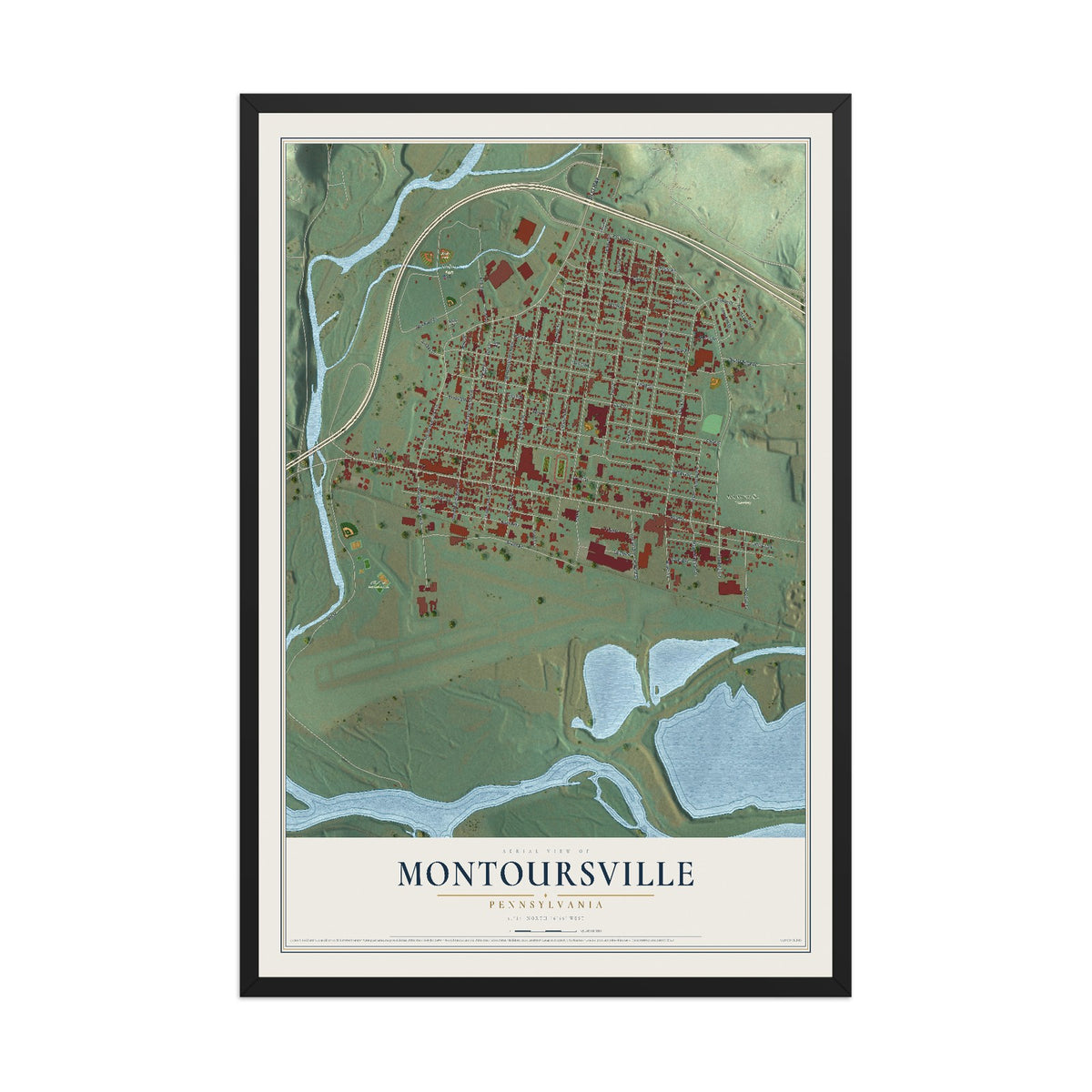 Map of Montoursville, Pennsylvania, 12 x 18 inch print in a black wood frame