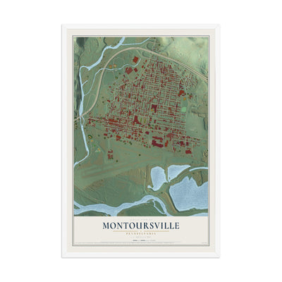Map of Montoursville, Pennsylvania, 12 x 18 inch print in a white wood frame