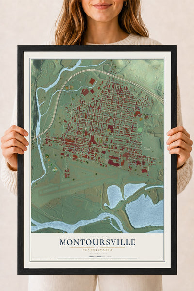 Map of Montoursville, Pennsylvania, 18 x 24 inch print in a black wood frame