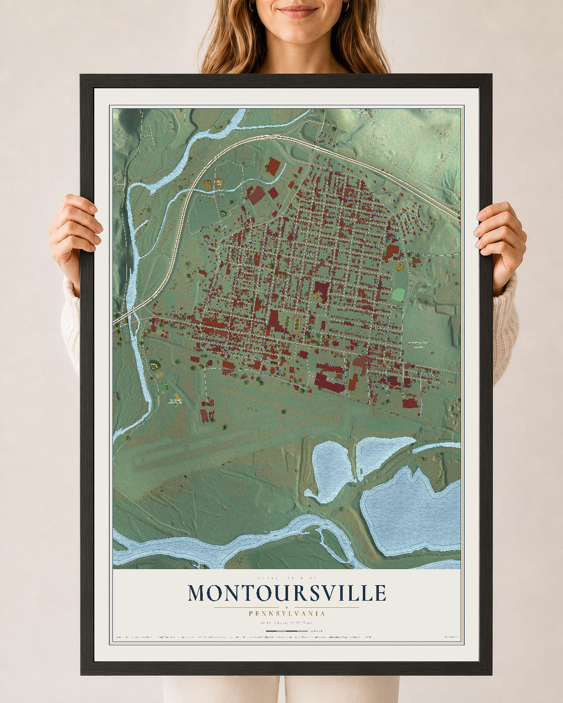 Map of Montoursville, Pennsylvania, 24 x 36 inch print in a black wood frame