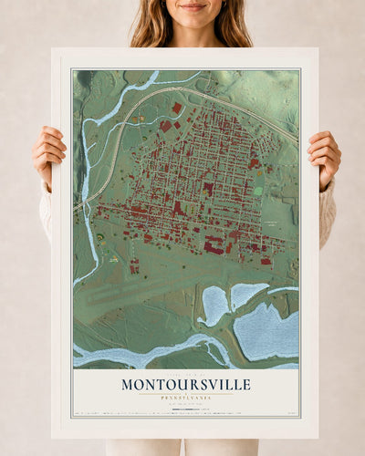 Map of Montoursville, Pennsylvania, 24 x 36 inch print in a white wood frame