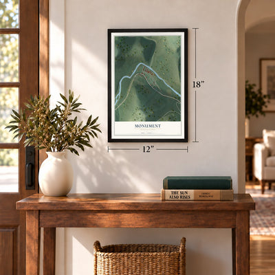 Monument, Pennsylvania map, 12 x 18 inch print in a black frame in an entryway