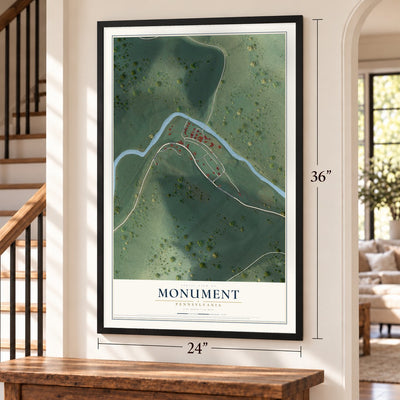 Monument, Pennsylvania map, 24 x 36 inch print in a black frame by a staircase