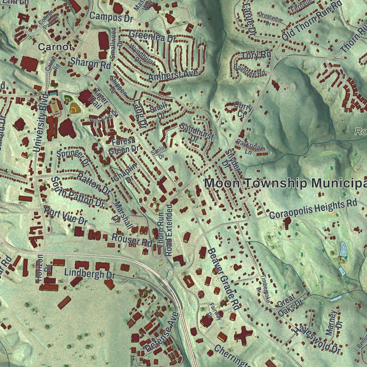 Close-up of the map of Moon, Pennsylvania print showing street and building detail