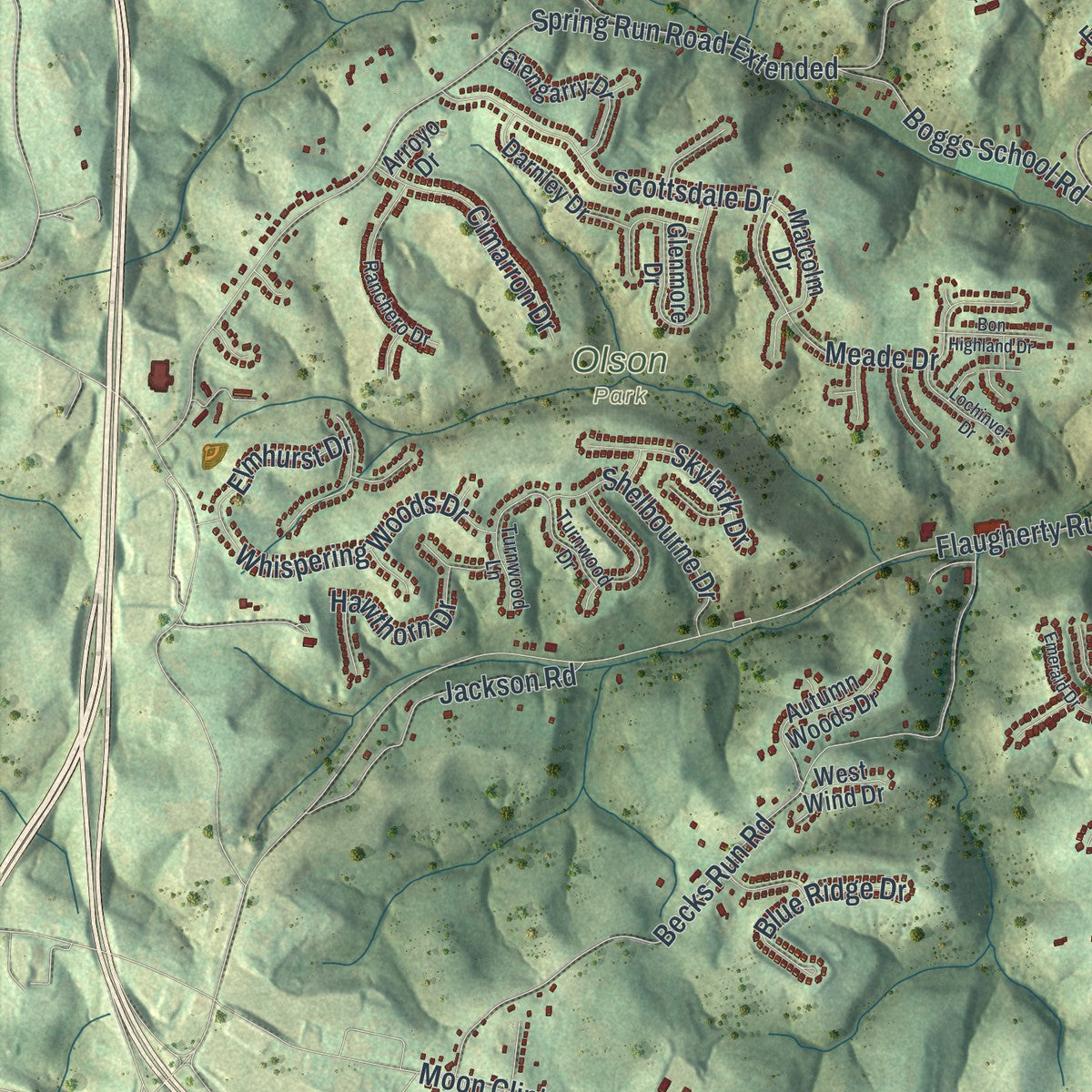 Second close-up of the map of Moon, Pennsylvania print showing more streets and buildings