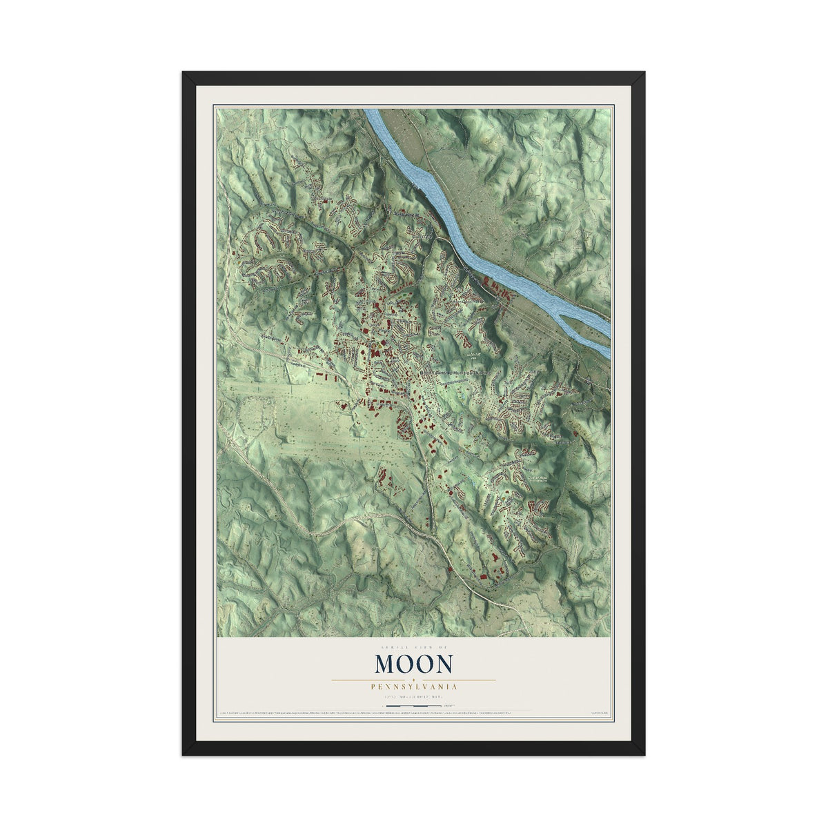 Map of Moon, Pennsylvania, 12 x 18 inch print in a black wood frame