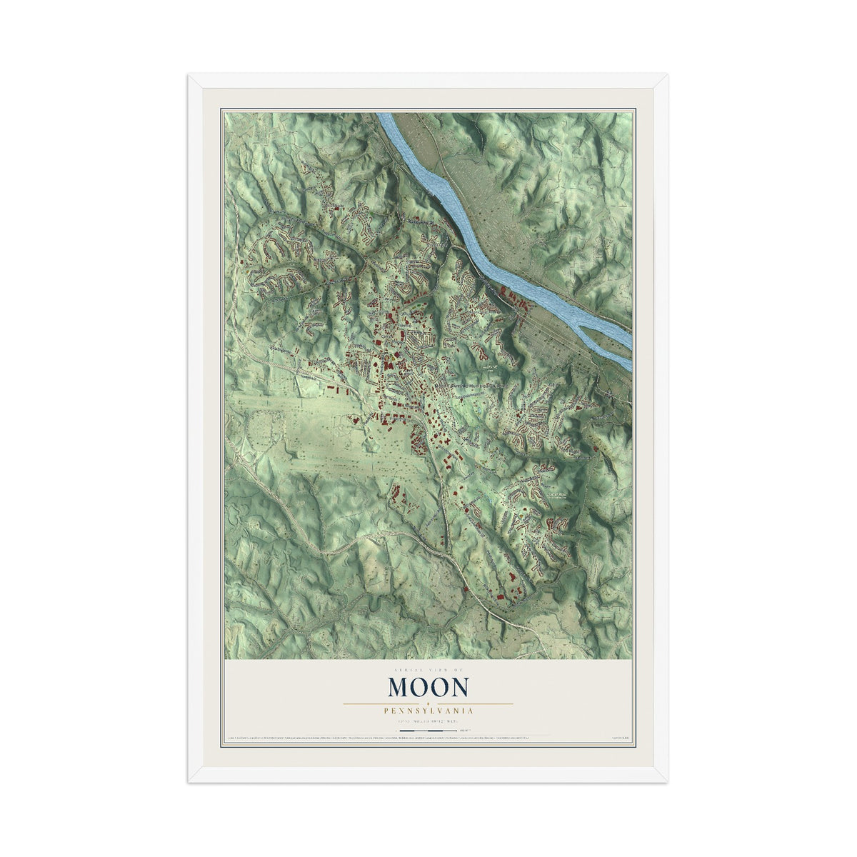 Map of Moon, Pennsylvania, 12 x 18 inch print in a white wood frame