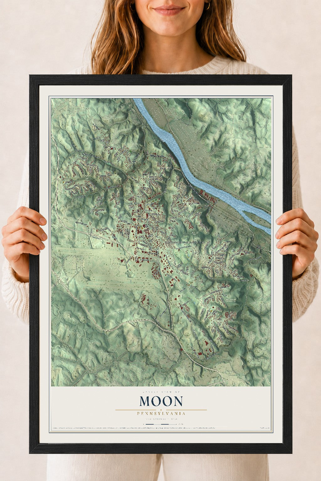 Map of Moon, Pennsylvania, 18 x 24 inch print in a black wood frame