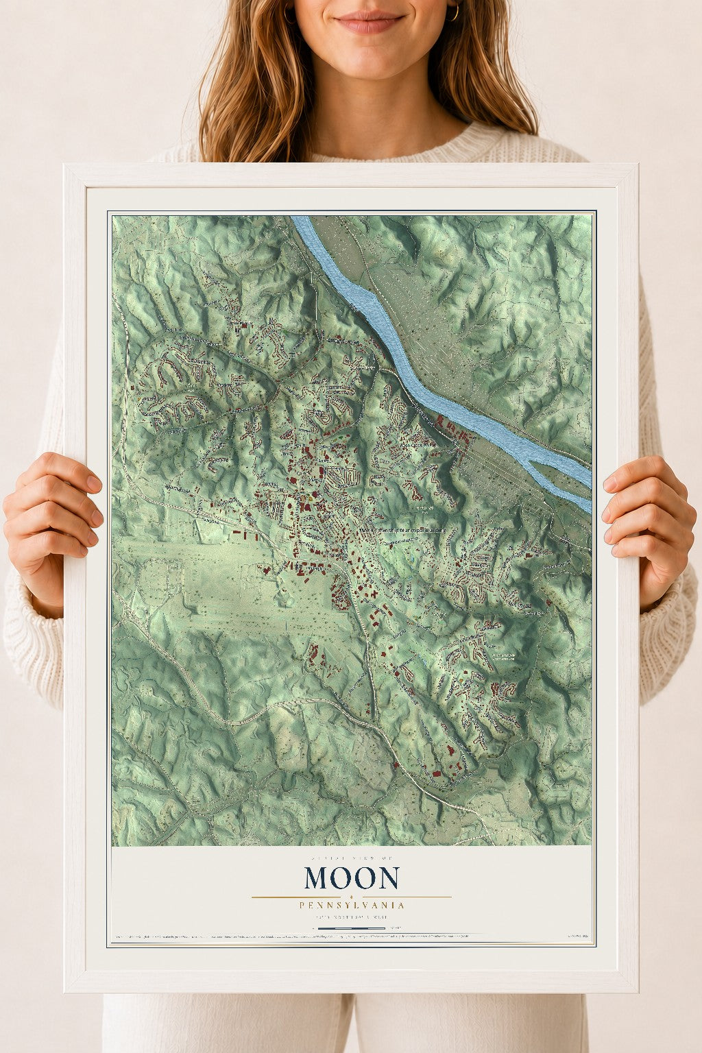 Map of Moon, Pennsylvania, 18 x 24 inch print in a white wood frame