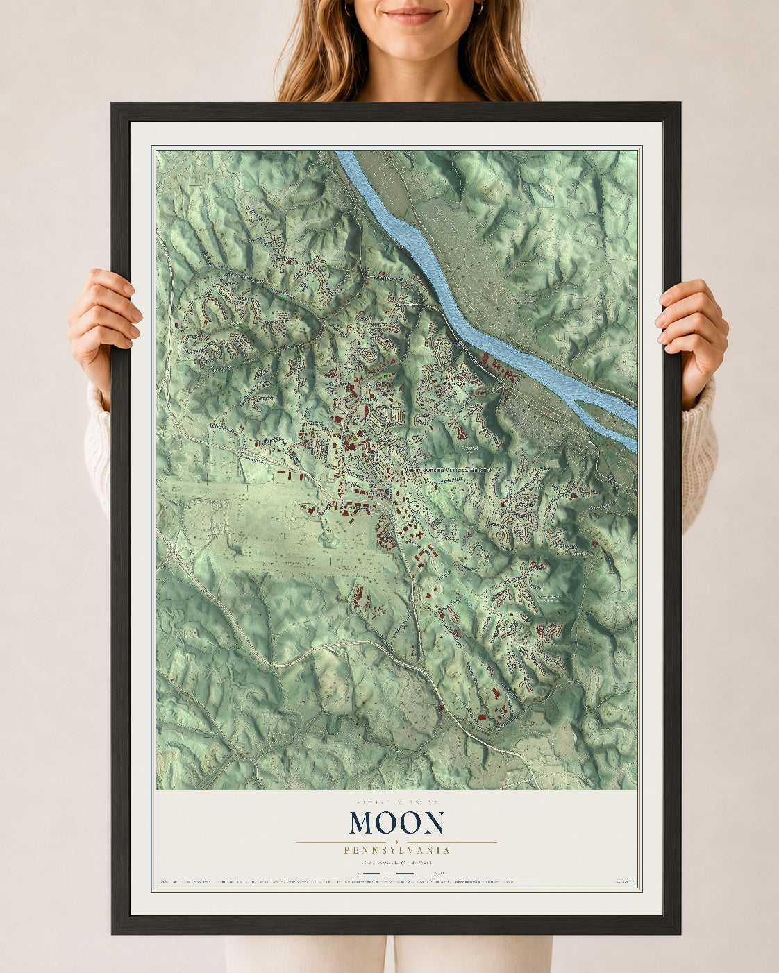 Map of Moon, Pennsylvania, 24 x 36 inch print in a black wood frame