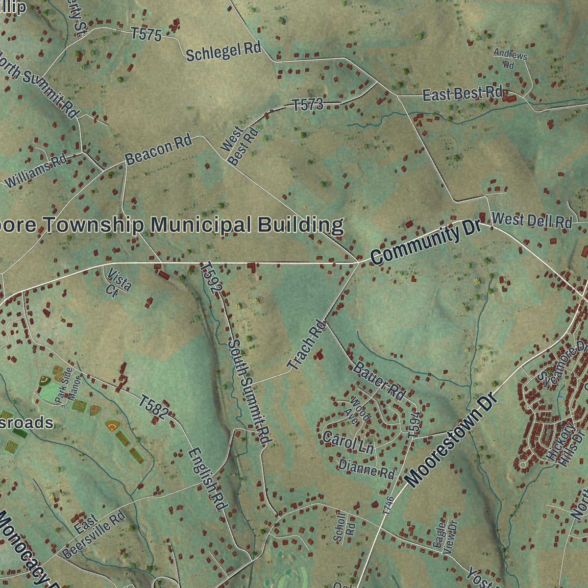 Close-up of the map of Moore, Pennsylvania print showing street and building detail
