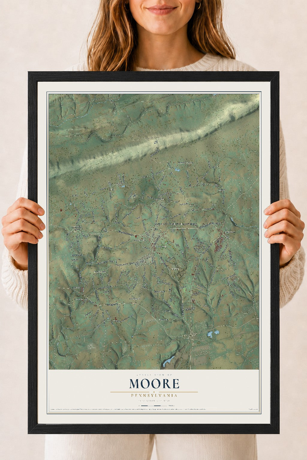 Map of Moore, Pennsylvania, 18 x 24 inch print in a black wood frame