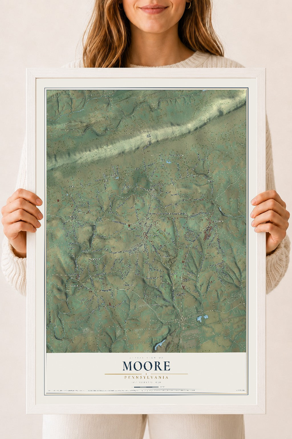 Map of Moore, Pennsylvania, 18 x 24 inch print in a white wood frame