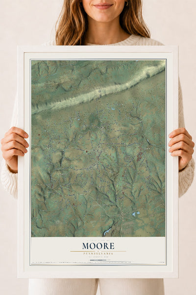 Map of Moore, Pennsylvania, 18 x 24 inch print in a white wood frame
