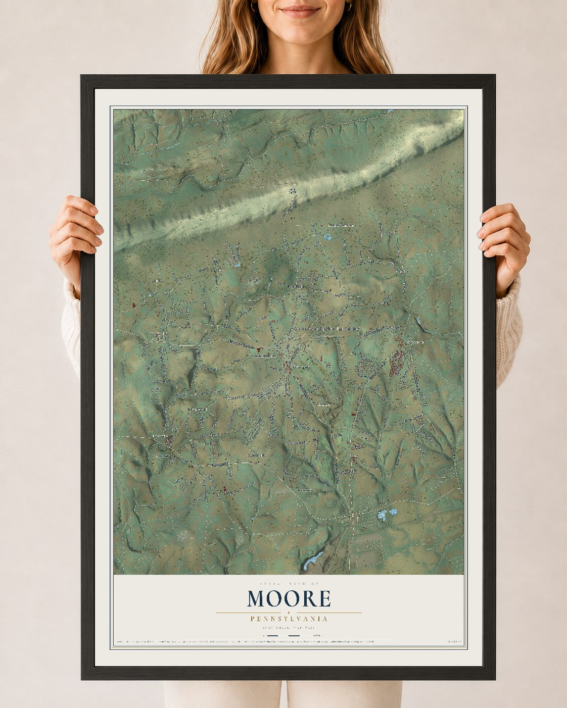 Map of Moore, Pennsylvania, 24 x 36 inch print in a black wood frame