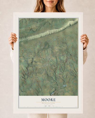 Map of Moore, Pennsylvania, 24 x 36 inch print in a white wood frame