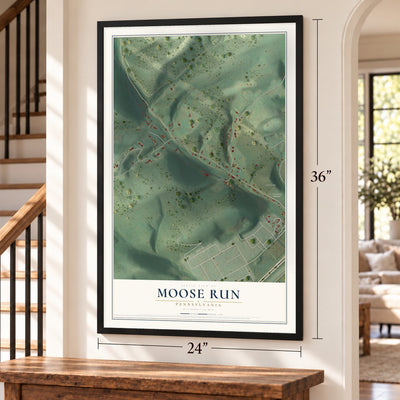 Moose Run, Pennsylvania map, 24 x 36 inch print in a black frame by a staircase