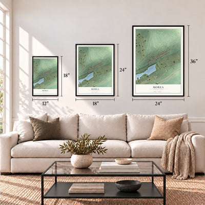 Morea, Pennsylvania map in 12 x 18, 18 x 24 and 24 x 36 inch sizes above a sofa