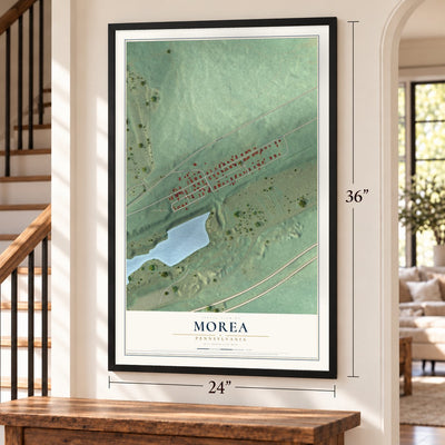 Morea, Pennsylvania map, 24 x 36 inch print in a black frame by a staircase
