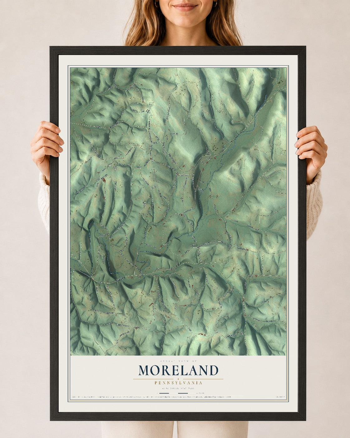 Map of Moreland, Pennsylvania, 24 x 36 inch print in a black wood frame