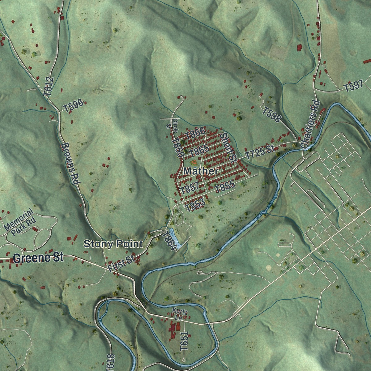 Second close-up of the map of Morgan, Pennsylvania print showing more streets and buildings