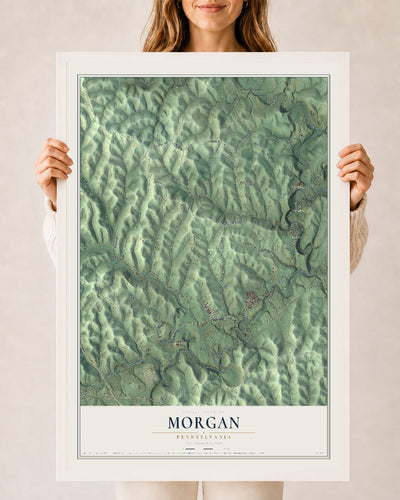 Map of Morgan, Pennsylvania, 24 x 36 inch print in a white wood frame