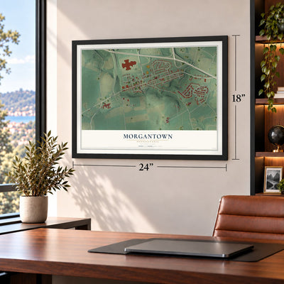 Morgantown, Pennsylvania map, 18 x 24 inch print in a black frame in a home office
