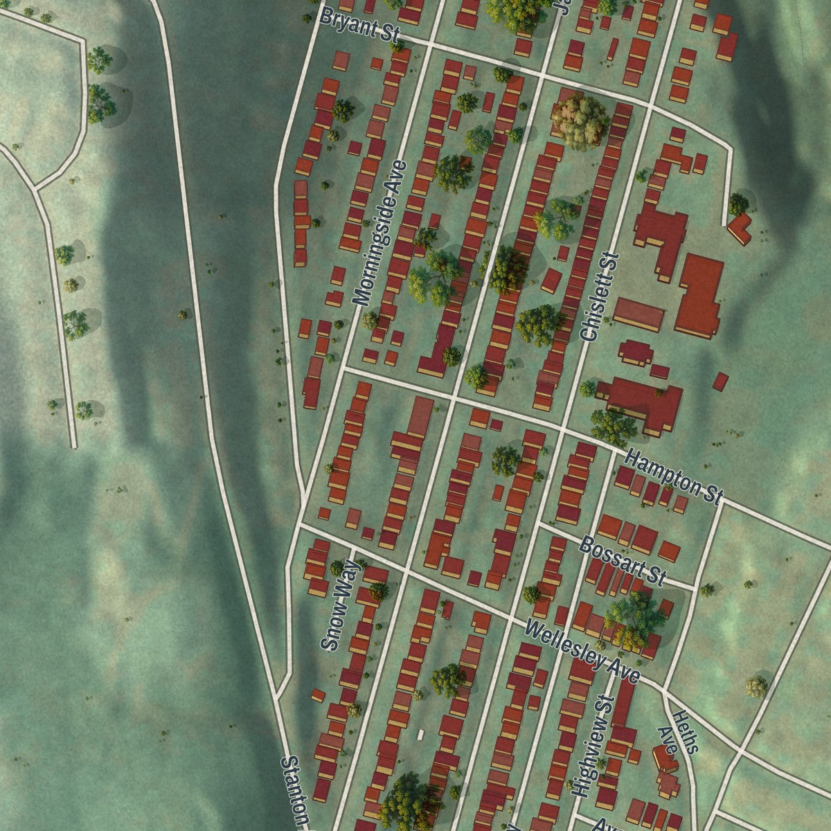 Second close-up of the map of Morningside, Pennsylvania print showing more streets and buildings