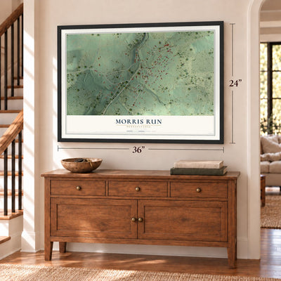 Morris Run, Pennsylvania map, 24 x 36 inch print in a black frame above a dresser by a staircase