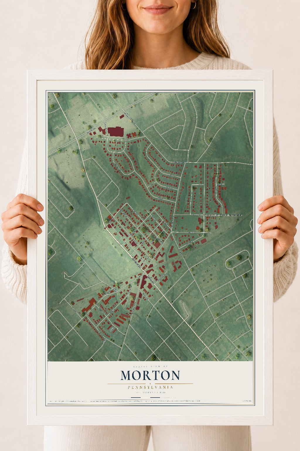 Map of Morton, Pennsylvania, 18 x 24 inch print in a white wood frame