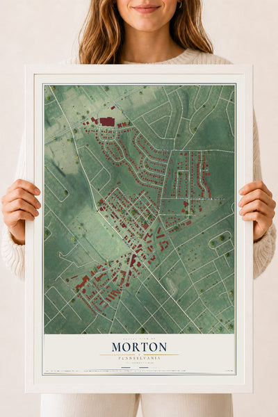 Map of Morton, Pennsylvania, 18 x 24 inch print in a white wood frame