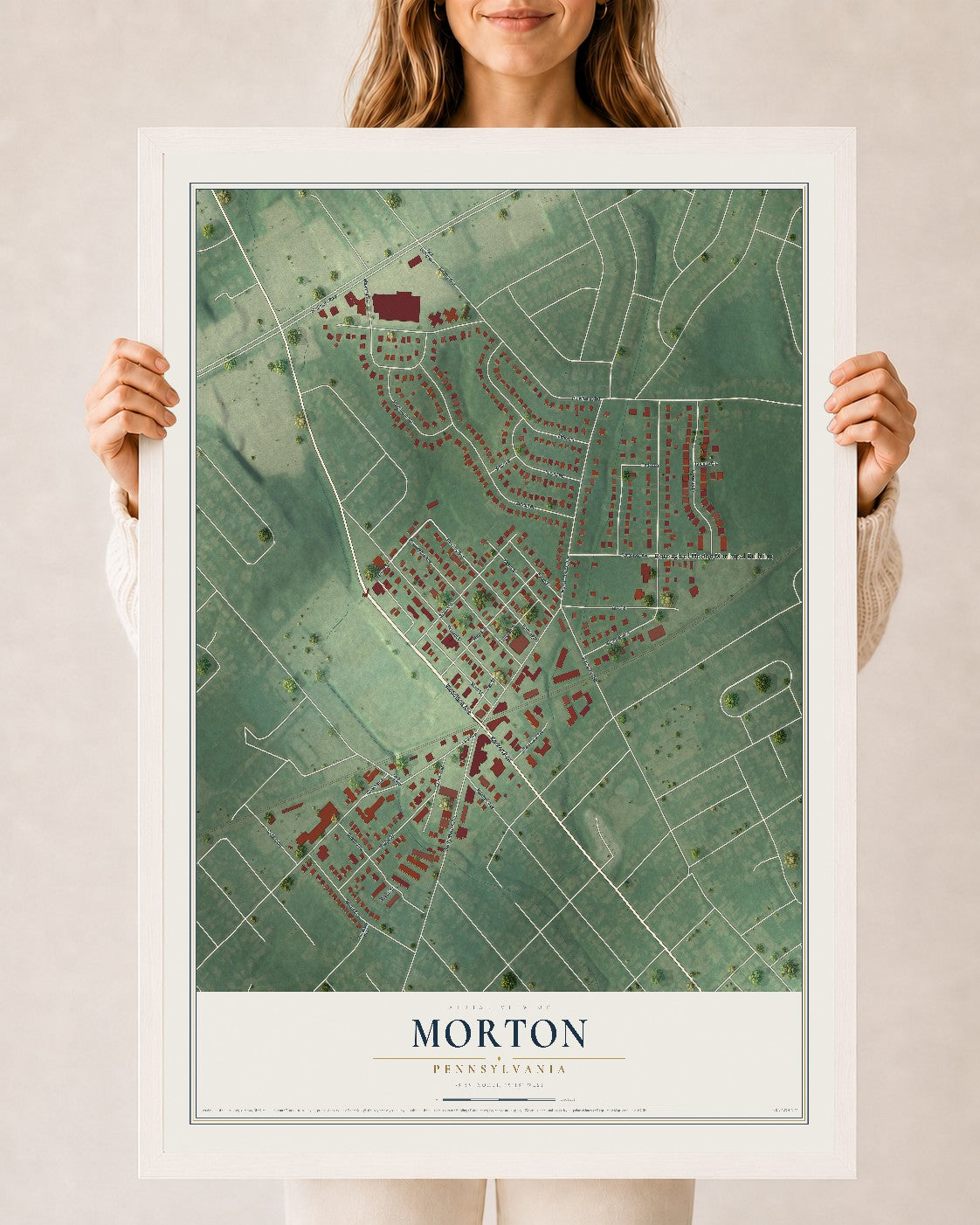 Map of Morton, Pennsylvania, 24 x 36 inch print in a white wood frame