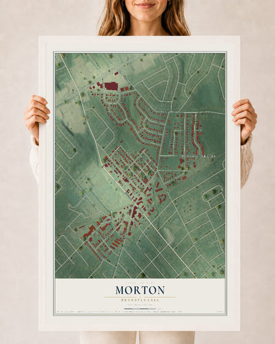Map of Morton, Pennsylvania, 24 x 36 inch print in a white wood frame
