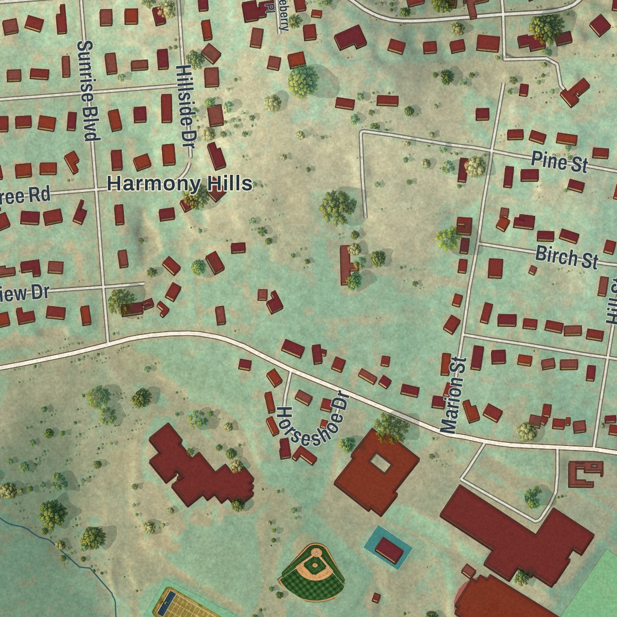 Close-up of the map of Moscow, Pennsylvania print showing street and building detail