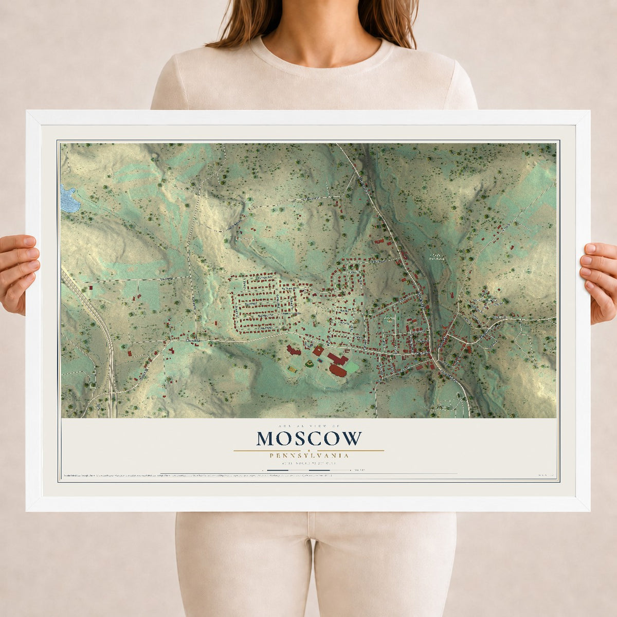 Map of Moscow, Pennsylvania, 18 x 24 inch print in a white wood frame