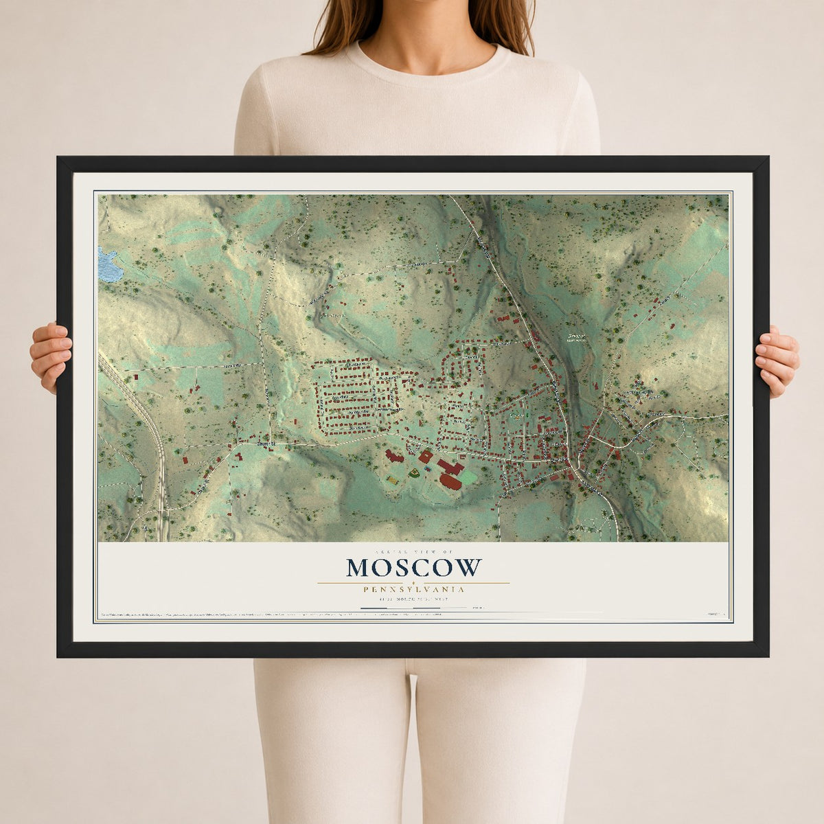 Map of Moscow, Pennsylvania, 24 x 36 inch print in a black wood frame