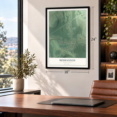 Moshannon, Pennsylvania map, 18 x 24 inch print in a black frame in a home office