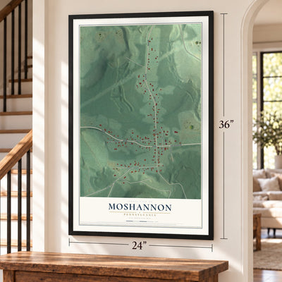 Moshannon, Pennsylvania map, 24 x 36 inch print in a black frame by a staircase