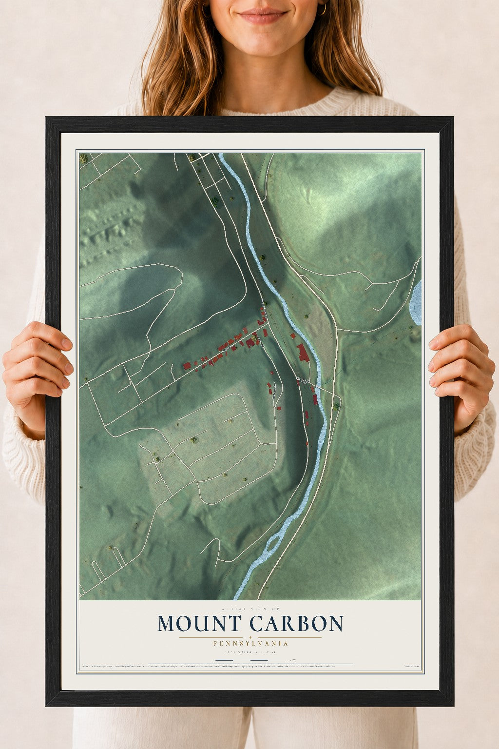 Map of Mount Carbon, Pennsylvania, 18 x 24 inch print in a black wood frame
