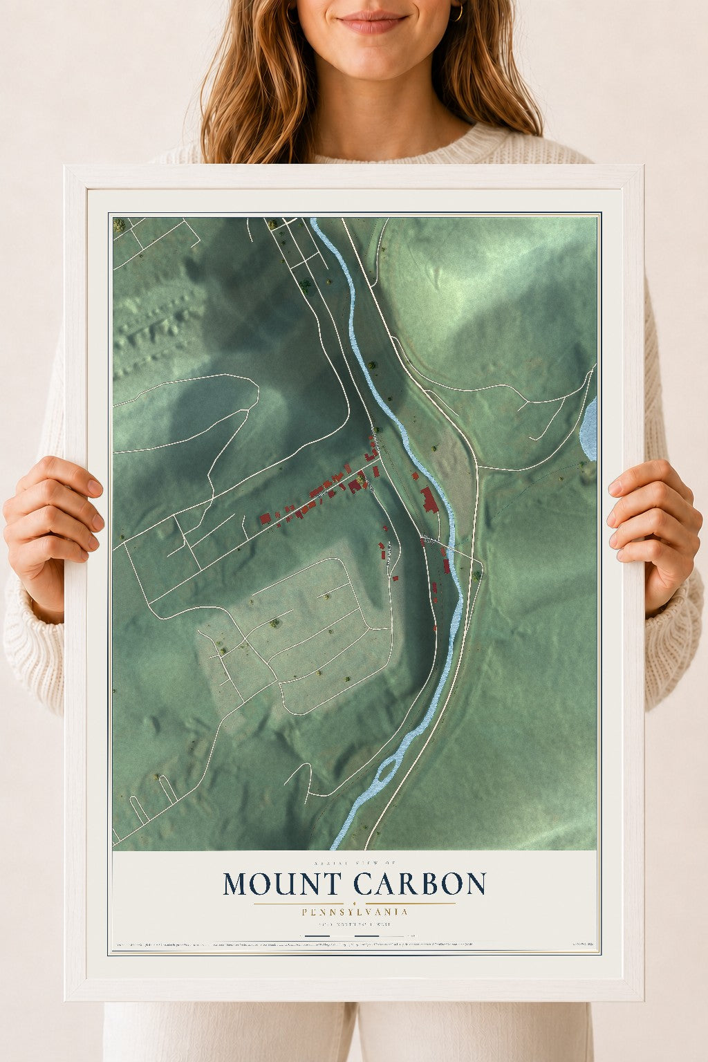 Map of Mount Carbon, Pennsylvania, 18 x 24 inch print in a white wood frame