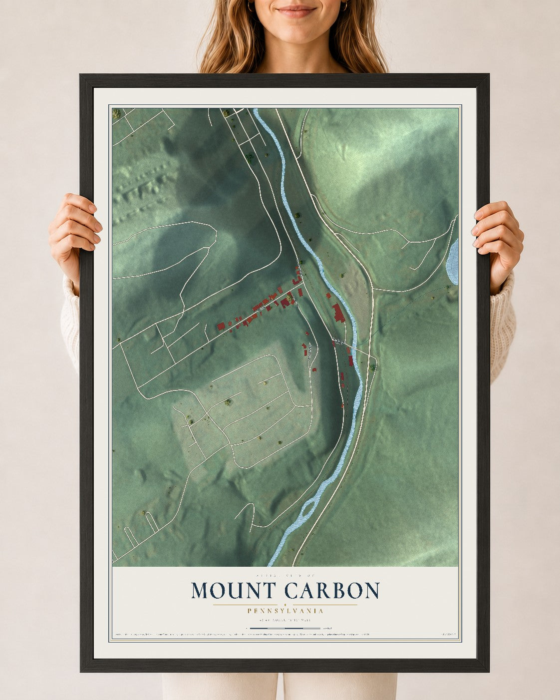 Map of Mount Carbon, Pennsylvania, 24 x 36 inch print in a black wood frame