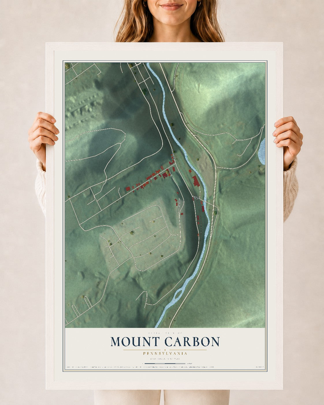Map of Mount Carbon, Pennsylvania, 24 x 36 inch print in a white wood frame