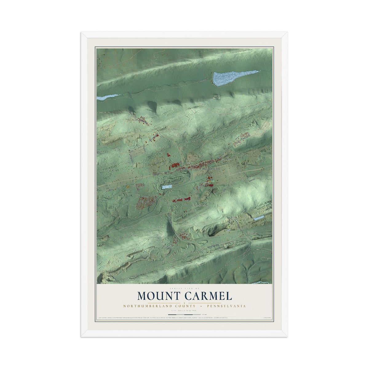 Map of Mount Carmel, Northumberland County, Pennsylvania, 12 x 18 inch print in a white wood frame